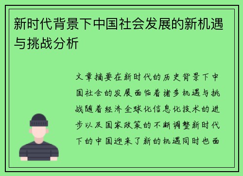新时代背景下中国社会发展的新机遇与挑战分析