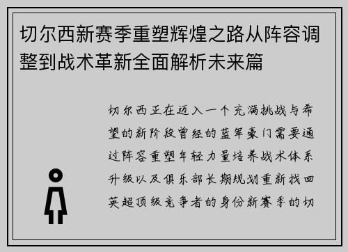 切尔西新赛季重塑辉煌之路从阵容调整到战术革新全面解析未来篇